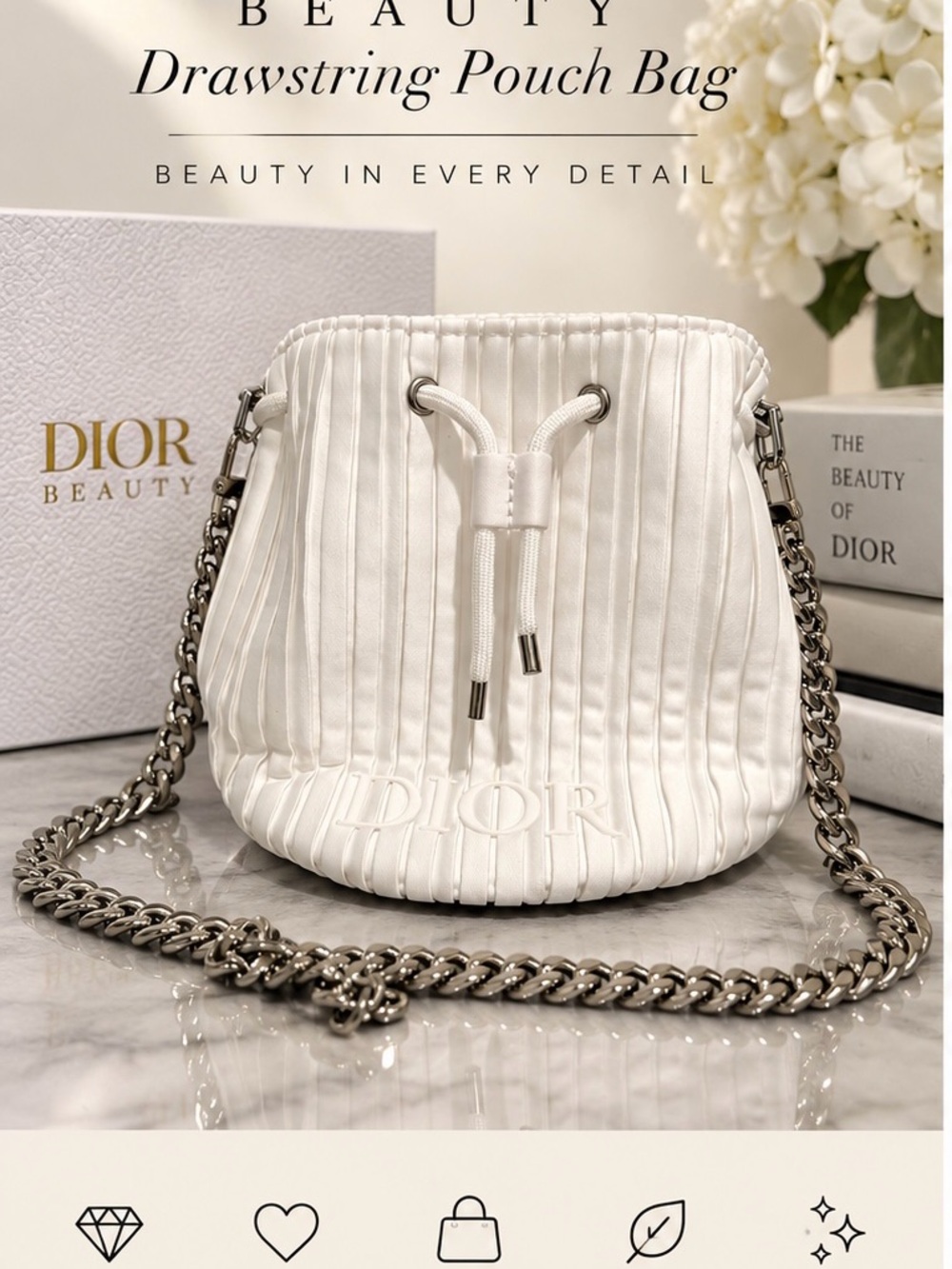 Dior Beauty White Pleated Drawstring Pouch Bag + Added Chain Strap